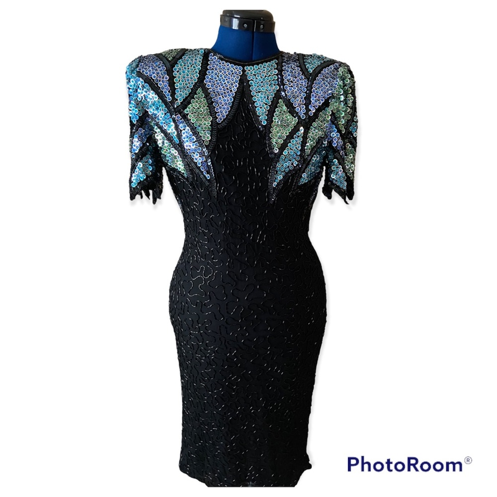 SCALA Vintage Beaded Silk Dress Key Hole Back Holiday Party Cocktail Cruise